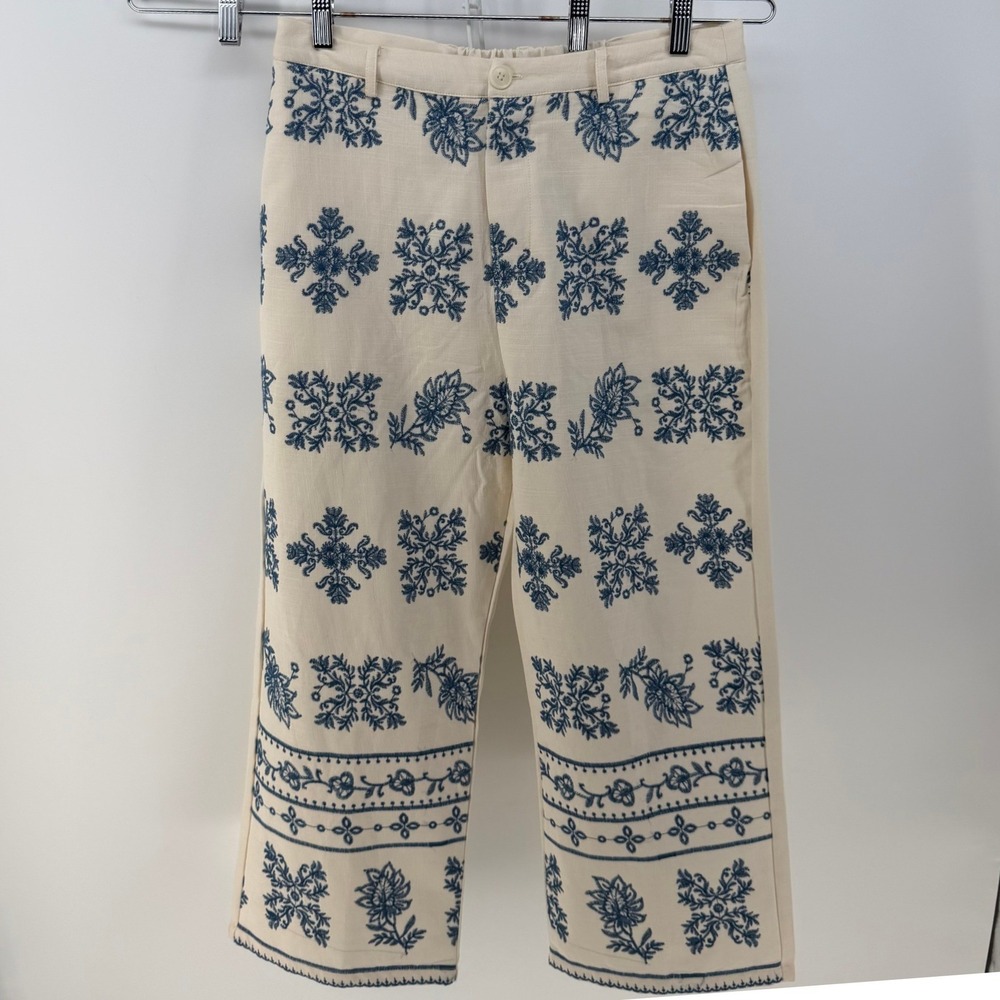 FRNZY‎ Embroidered Pants Womens XL Cream Blue Floral Cotton Boho Cropped Cottage